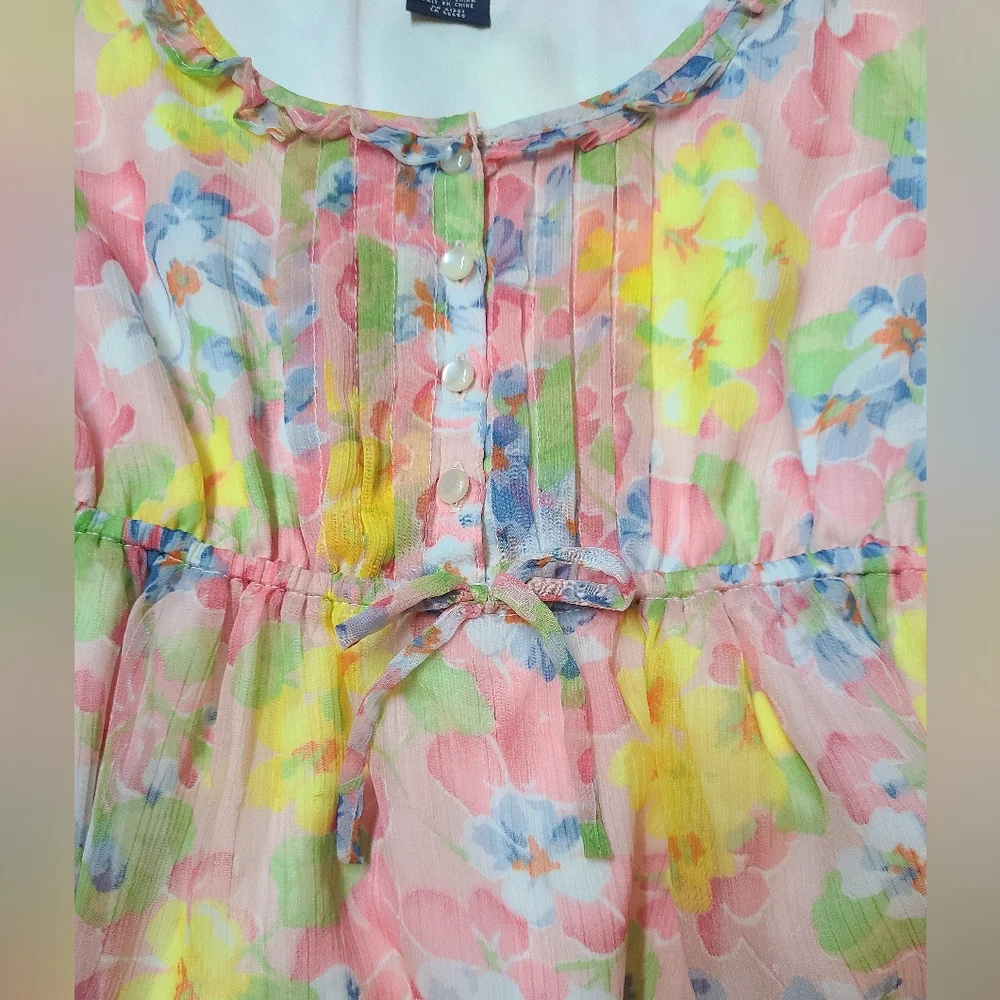 Ralph Lauren Girls Pink Yellow Floral Short Sleeve Ruffled Chiffon Dress Sz 10